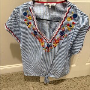 Joy Joy Blue Striped Floral Embroidered Blouse